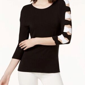 INC International Concepts Black Blouse with White Knotted Sleeves Design Size L